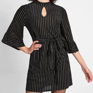 Modcloth Black & Silver Metallic Stripe Fab Feedback Mock Neck Dress Size Medium